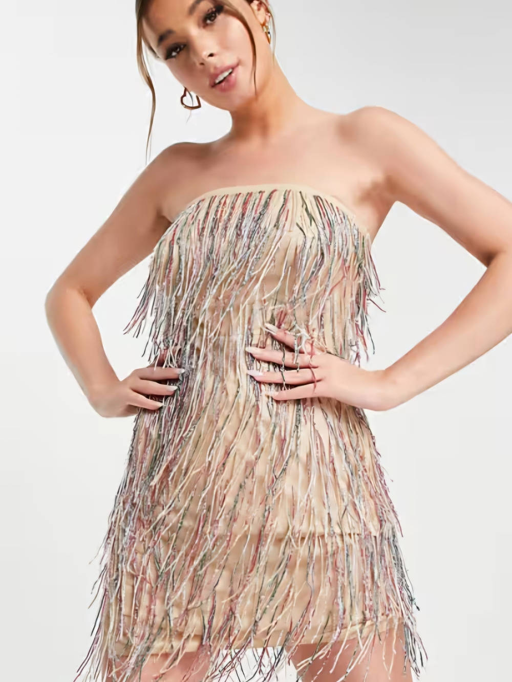 NWT Strapless Nude Fringe Mini Dress - Size 8